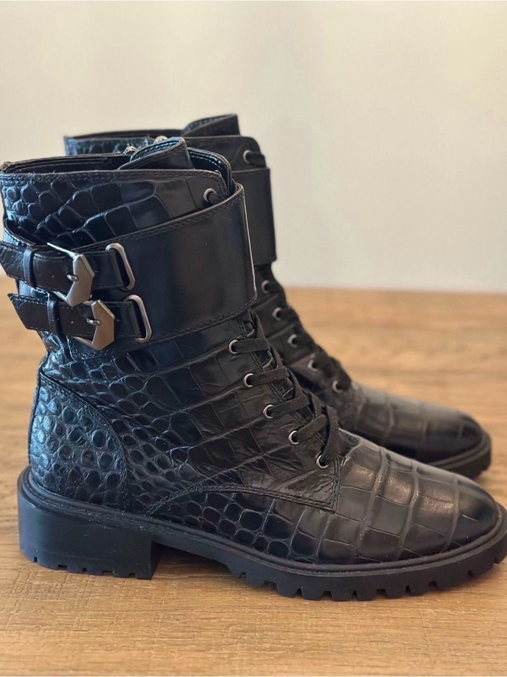 Vince Camuto Croc Embossed Leather Combat Boots